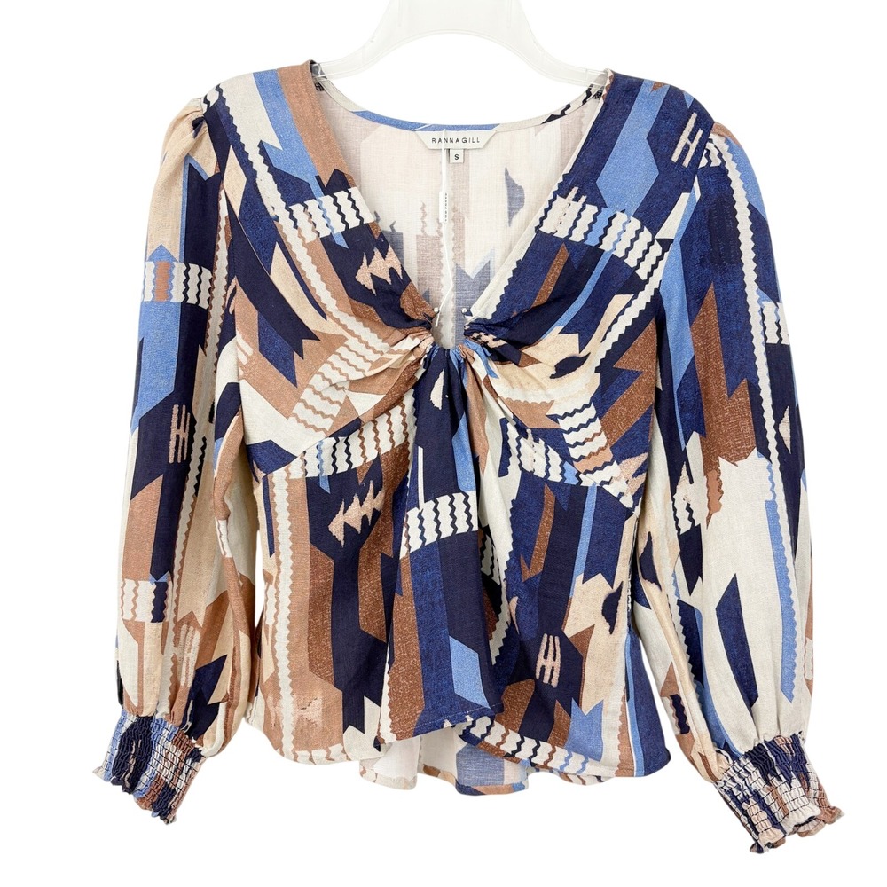 NWOT Ranna Gill Geometric Abstract Linen Top Size‎ S Long Sleeve Metal Ring Neck